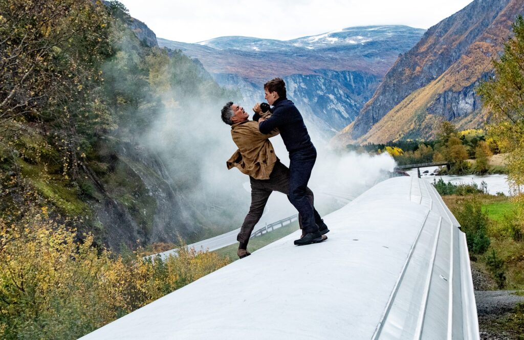 Mission Impossible Dead Reckoning Part 1 promo image of fight on train