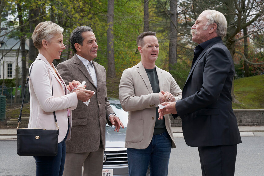 Traylor Howard as Natalie Teeger, Tony Shalhoub as Adrian Monk, Jason Gray-Stanford as Randy Disher, and Ted Levine as Leland Stottlemeyer in Mr. Monk's Last Case: A Monk Movie. Photo: Peacock