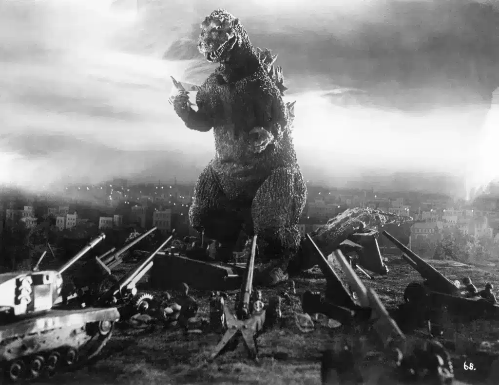 Production still of either Haruo Nakajima or Katsumi Tezuka portraying Godzilla via suitmation in Godzilla (1954). (Toho Company Ltd.)