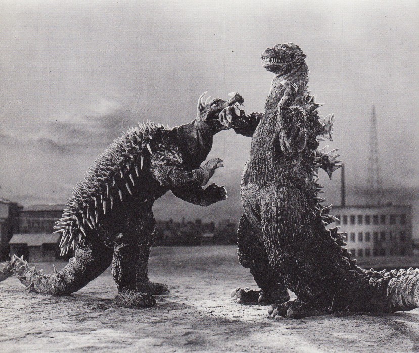 Promotional image from Godzilla Raids Again. Anguirus left, Godzilla right. (Toho Company Ltd.)