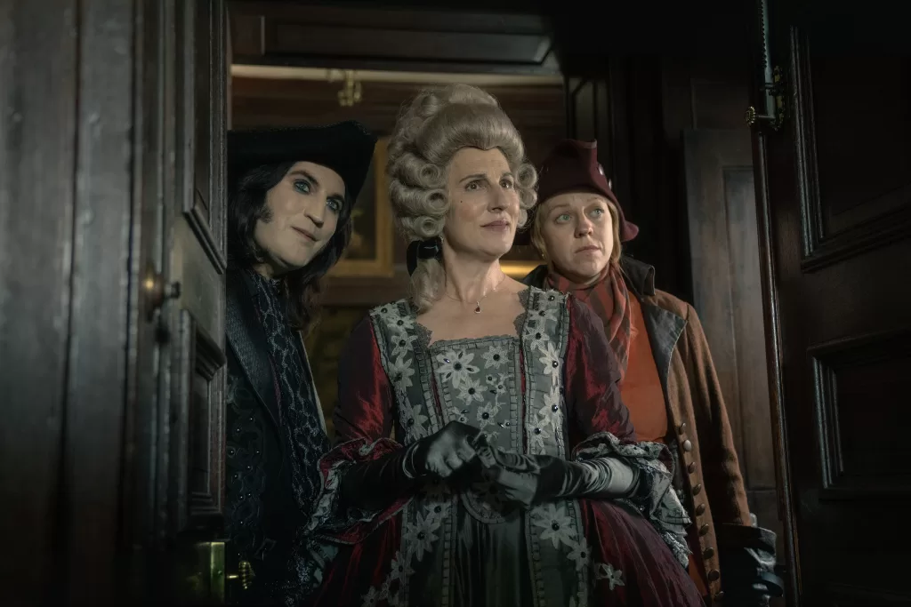 Noel Fielding, Tamsin Greig and Ellie White in "The Completely Made-Up Adventures of Dick Turpin," premiering March 1, 2024 on Apple TV+.