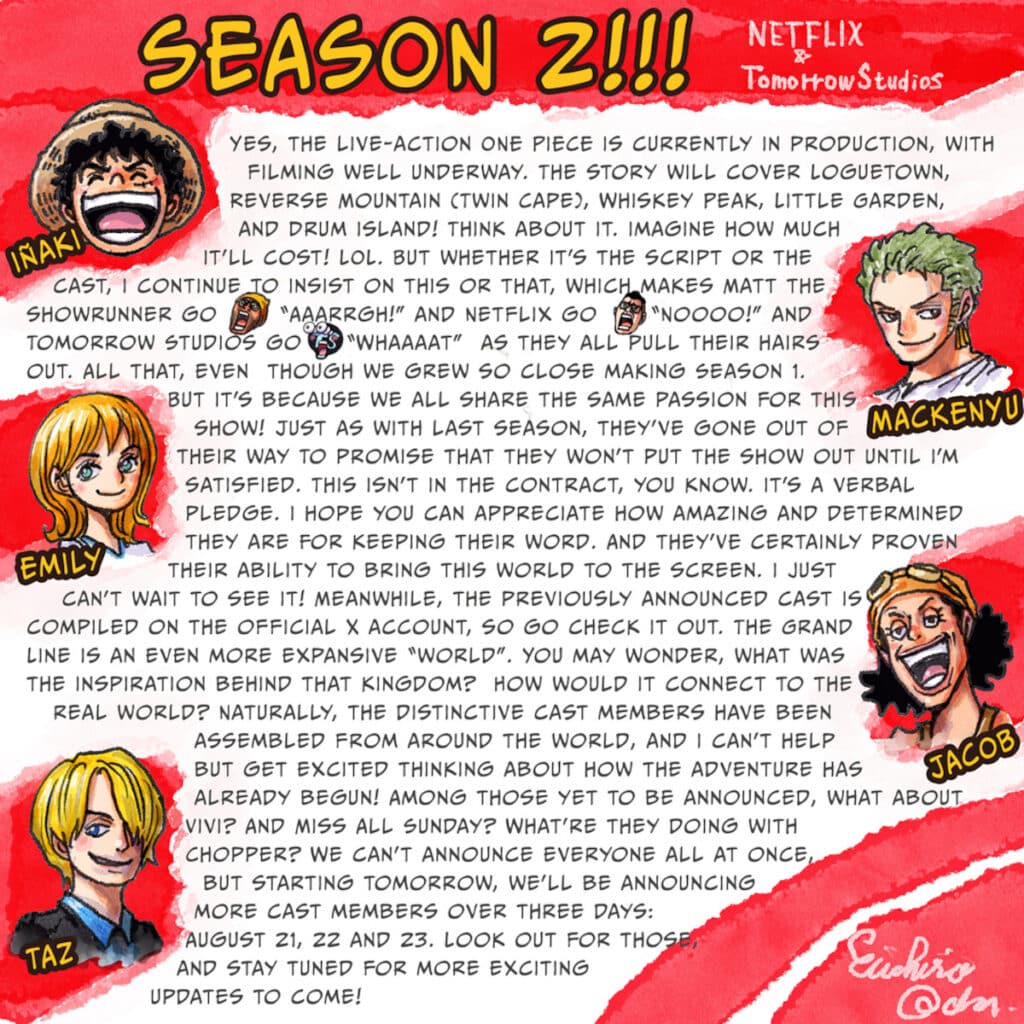 Eiichiro Oda's message to fans regarding Season 2 of Netflix's live-action One Piece adaptation.