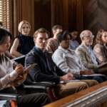 Chikako Fukuyama, Leslie Bibb, Nicholas Hoult, Adrienne C. Moore, J. K. Simmons in Juror #2 (Photograph by Claire Folger/Warner Bros.)