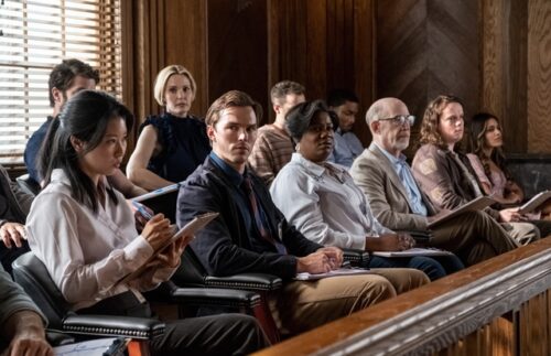 Chikako Fukuyama, Leslie Bibb, Nicholas Hoult, Adrienne C. Moore, J. K. Simmons in Juror #2 (Photograph by Claire Folger/Warner Bros.)