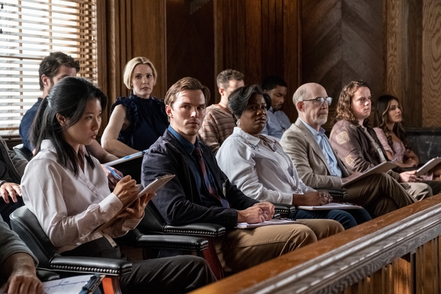 Chikako Fukuyama, Leslie Bibb, Nicholas Hoult, Adrienne C. Moore, J. K. Simmons in Juror #2 (Photograph by Claire Folger/Warner Bros.)