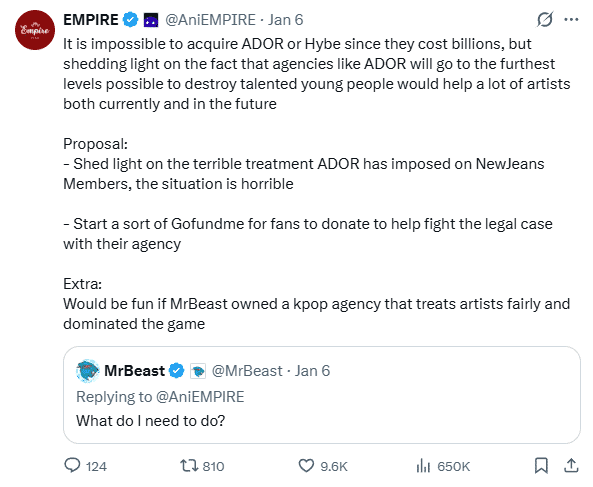 Mr. Beast's tweet to AniEmpire regarding #SaveDanielle campaign and AniEmpire's response