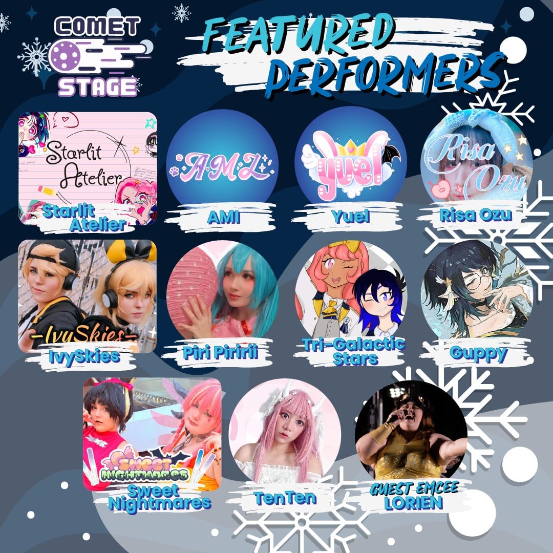 Performers from the Comet Stage Idol Festival at Anime Weekend Atlanta 2025, including AMI, Guppy, Ivy Skies, Piri Piririi, Risa Ozu, Starlit Atelier, Sweet Nightmares, TenTen, Tri-Galactic Stars, and Yuel, hosted by LORIEN