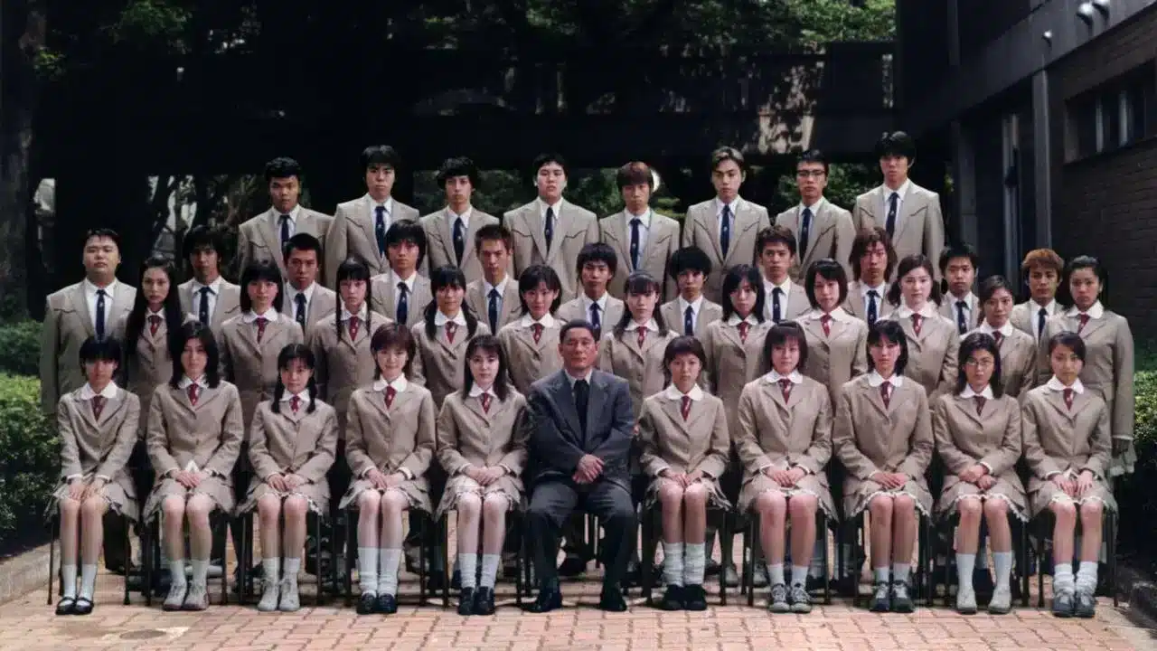 Class photo of students in Battle Royale (2000)
