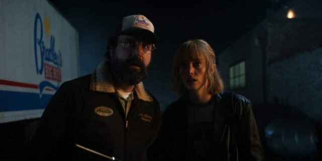 Brett Gelman as Murray and Maya Hawke as Robin Buckley in Stranger Things Season 5