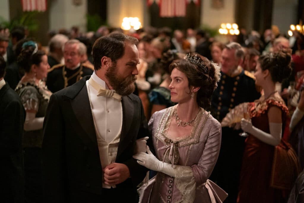 Michael Shannon as James Garfield and Betty Gilpin as Crete Garfield in Netflix's Death by Lightning (Credit: Larry Horricks/Netflix)