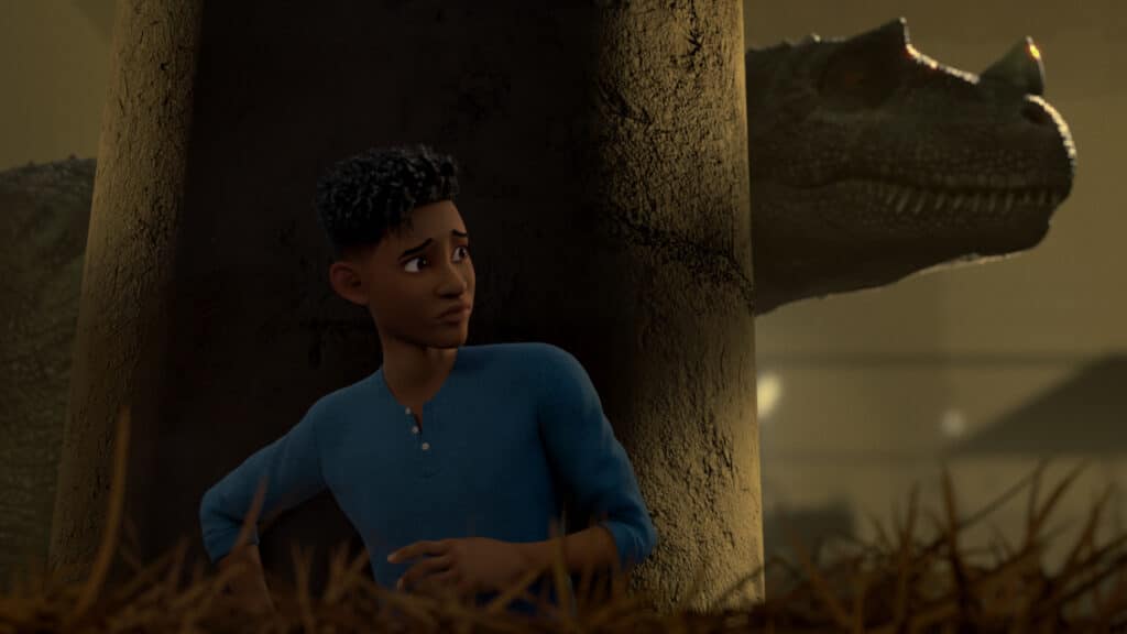 Darius hiding behind tree in Jurassic World: Chaos Theory: Season 3