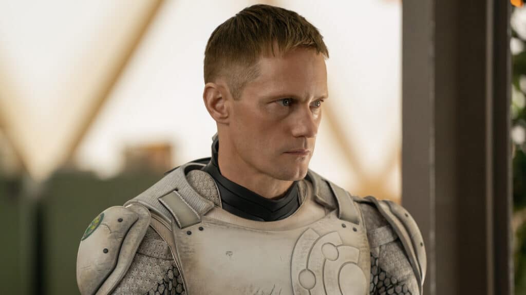 Alexander Skarsgård in "Murderbot," now streaming on Apple TV.
